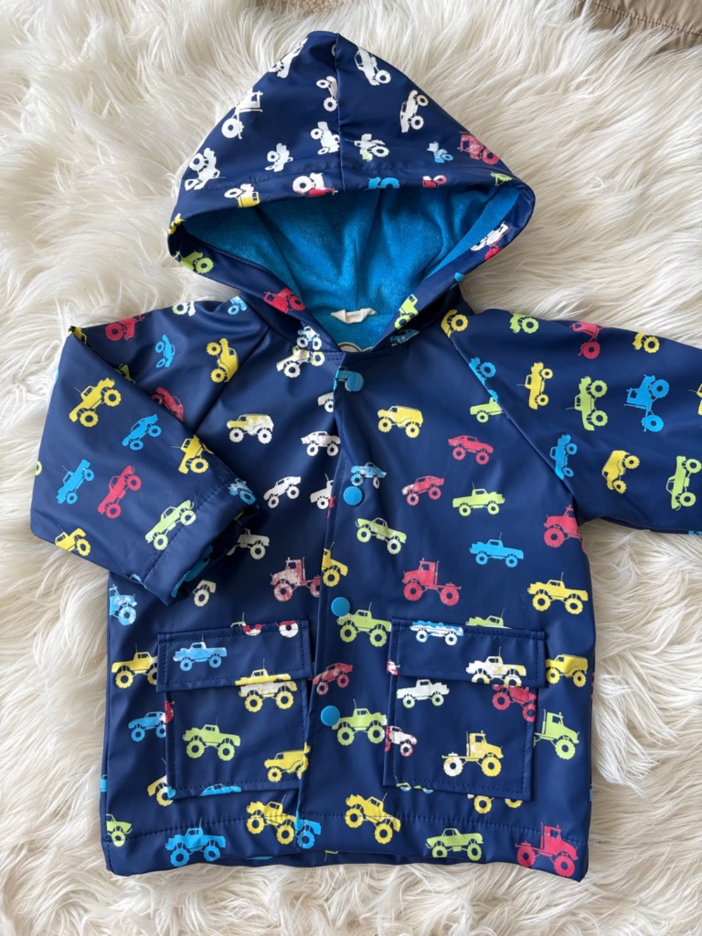 Hatley Navy Rain Jacket with Bright Blue Lining and Tractor Print